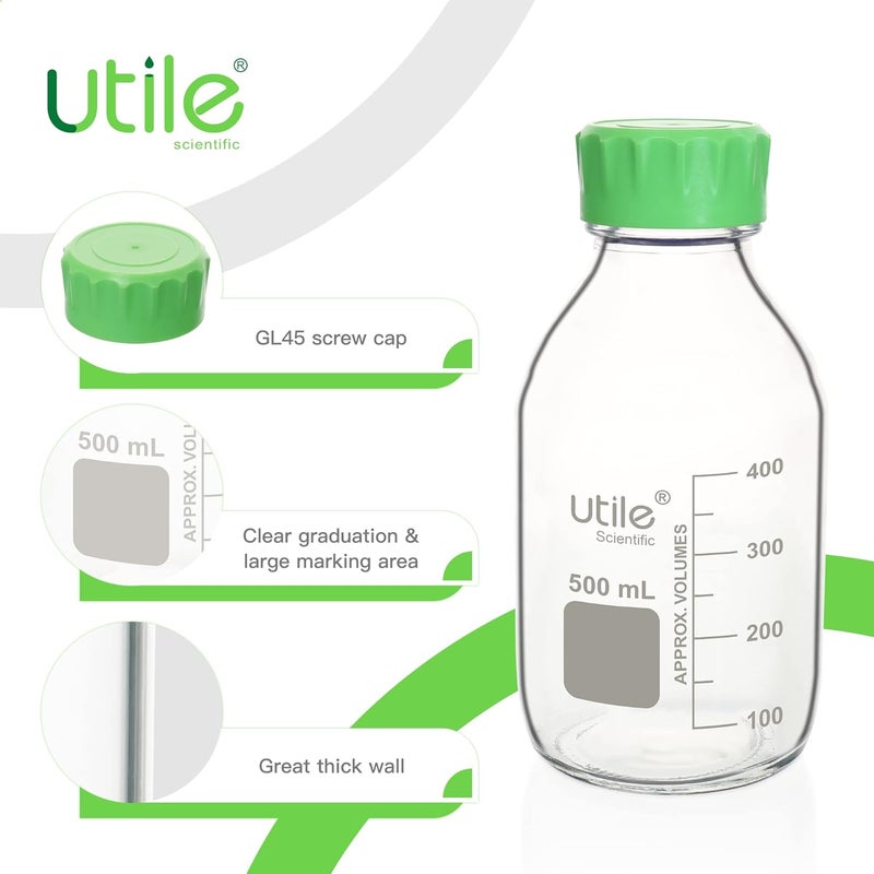 UTILE Media Bottle, 3.3 Borosilicate Glass Bottles with GL45 Screw Caps, 6pcs of 500ml(16.9oz) Lab Media Bottles, PP Material Media Storage Bottle, 4038.0500.6 - Image 3